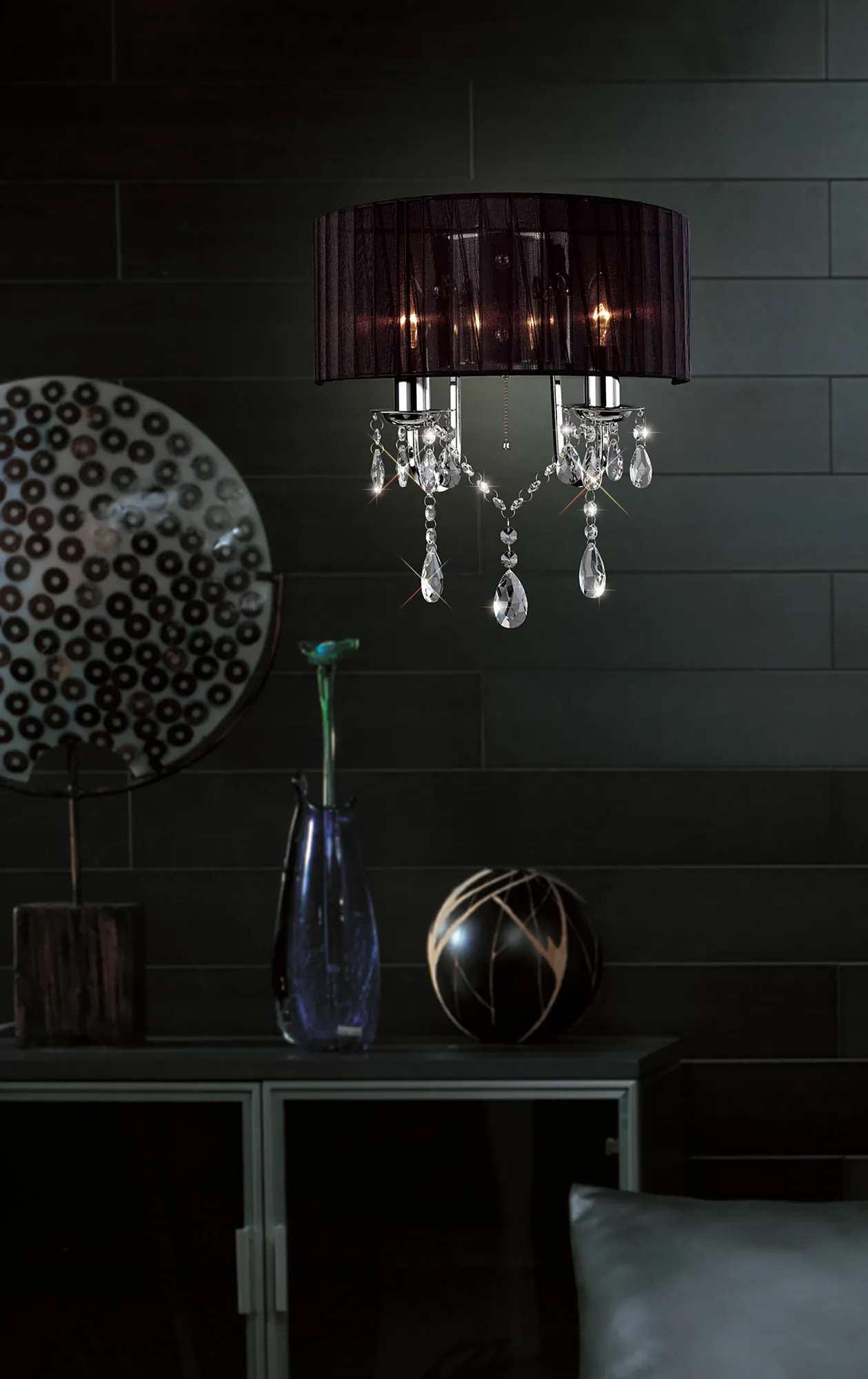 Olivia Polished Chrome-Black Crystal Wall Lights Diyas Shaded Wall Lights Olivia Polished Chrome-Black Crystal Wall Lights Diyas Shaded Wall Lights